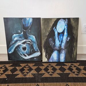 Set Of 2 Modern Art Pieces Painted Canvas Space Celestial Universe Abstract Boho
